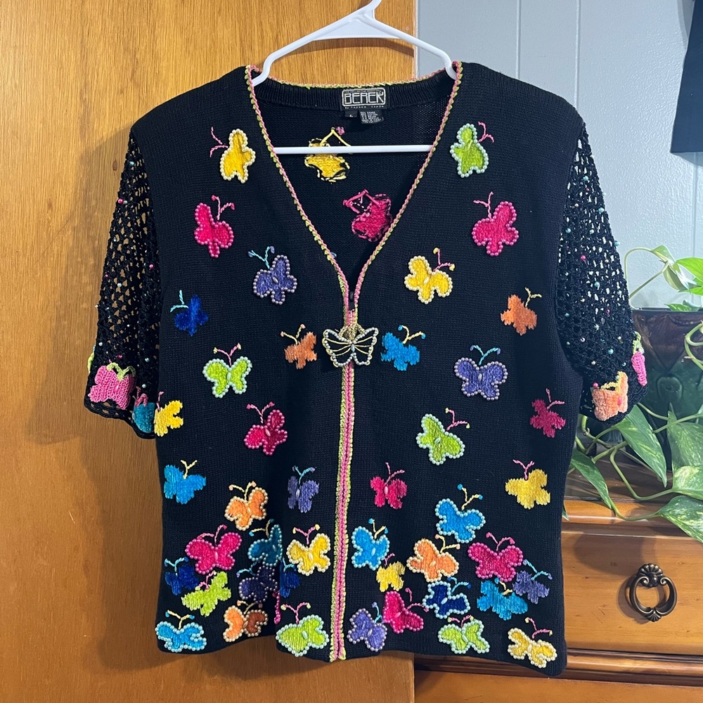 VTG Berek Takako Sakon Embroidered Black Butterfly Beaded Cardigan Size Large